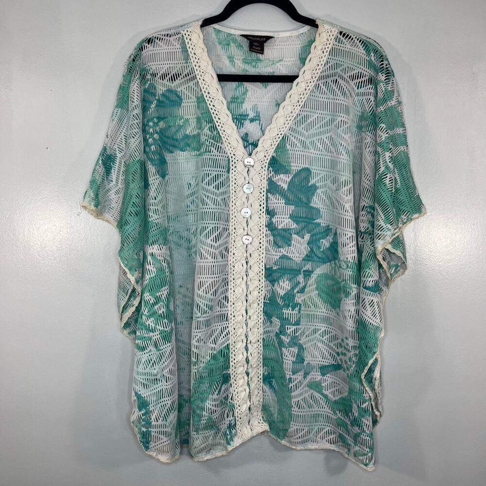 Multiples Women Sheer Tops Tunic Crochet Size L V-Neck Green/White Beach Summer